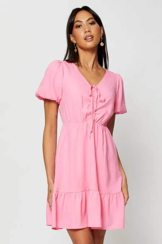 Pink Fit And Flare Dress Short Sleeve V Neck sold by Ally Fashion