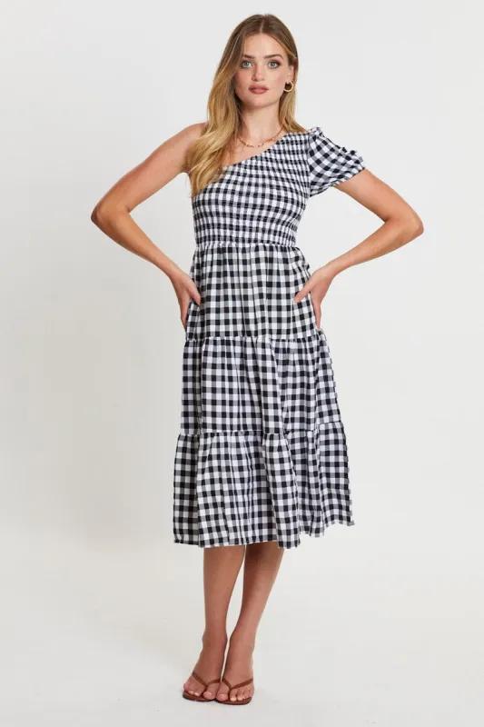 Check Midi Dress One Shoulder Short Sleeve sold by Ally Fashion