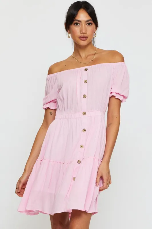 Pink Mini Dress Off Shoulder Linen sold by Ally Fashion