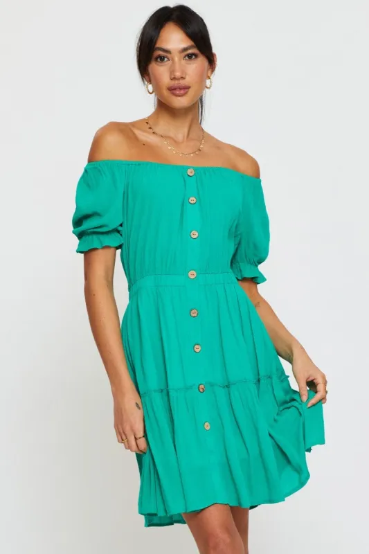Green Mini Dress Off Shoulder Linen sold by Ally Fashion
