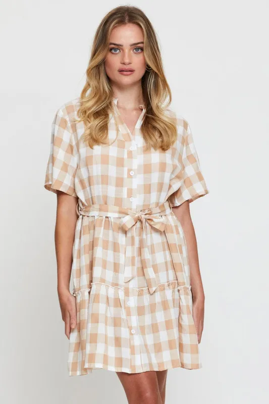 Check Fit And Flare Dress Short Sleeve Tie Waist sold by Ally Fashion