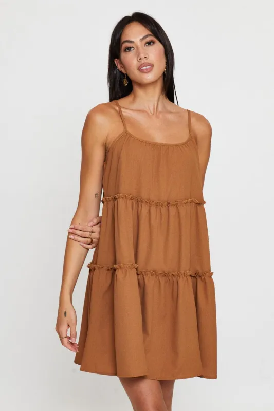 Brown Fit And Flare Dress Sleeveless Tie Shoulder sold by Ally Fashion