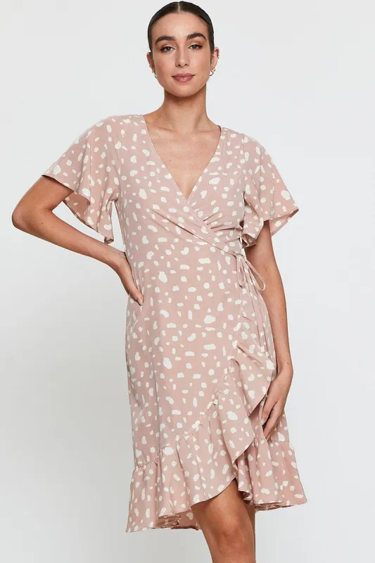 Geo Print Wrap Dress Short Sleeve Ruffle Hem sold by Ally Fashion