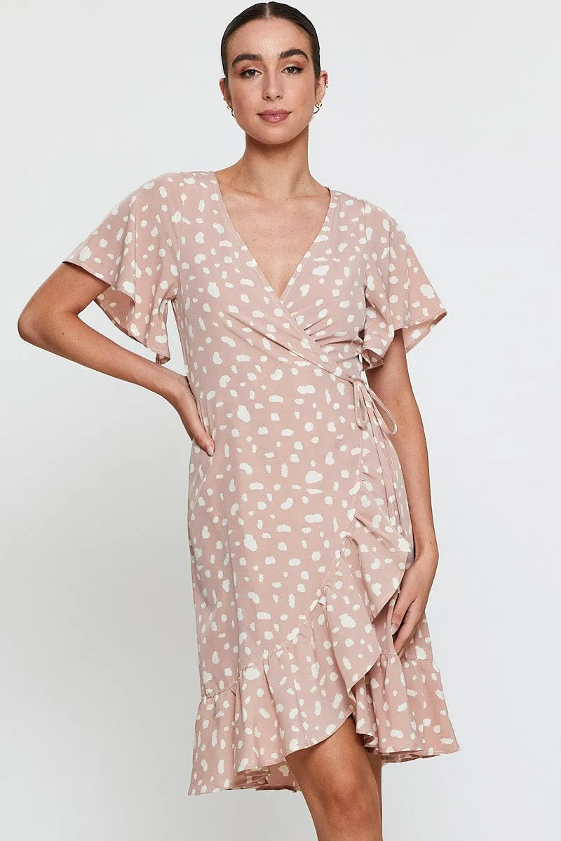 Geo Print Wrap Dress Short Sleeve Ruffle Hem sold by Ally Fashion