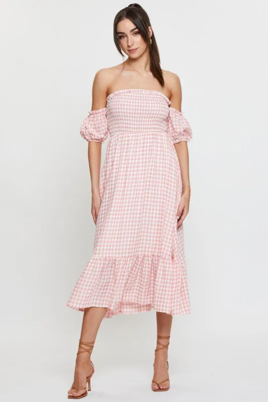Check Midi Dress Off Shoulder Short Sleeve sold by Ally Fashion
