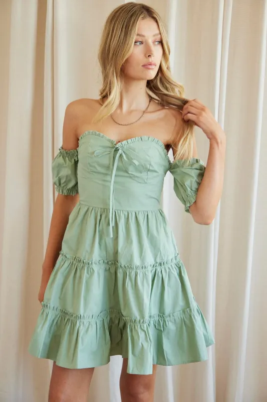 Green Fit And Flare Dress Off Shoulder Short Sleeve sold by Ally Fashion