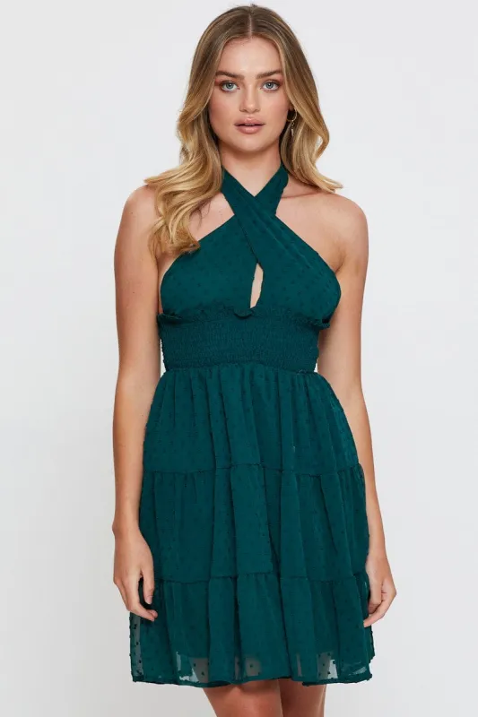 Green Fit And Flare Dress Sleeveless Halter Neck sold by Ally Fashion