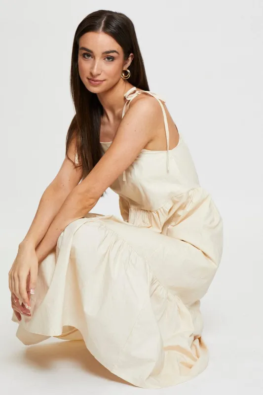 Beige Midi Dress Sleeveless Tie Shoulder sold by Ally Fashion