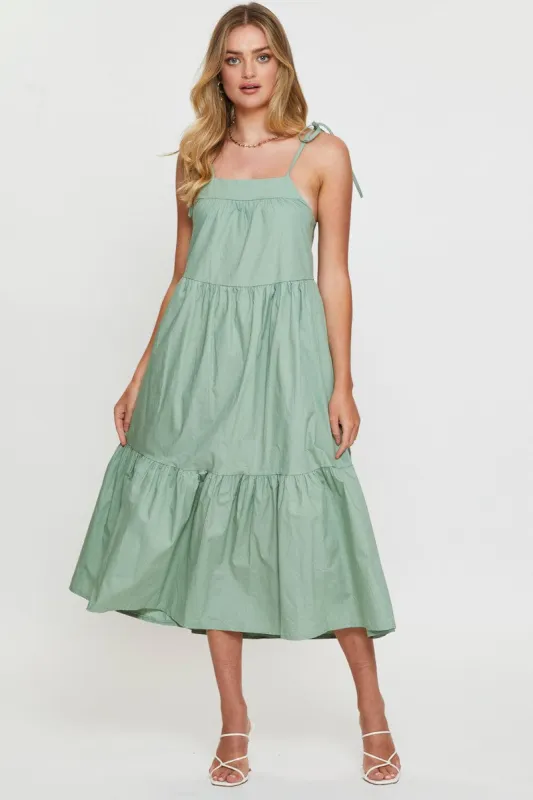 Green Midi Dress Sleeveless Tie Shoulder sold by Ally Fashion
