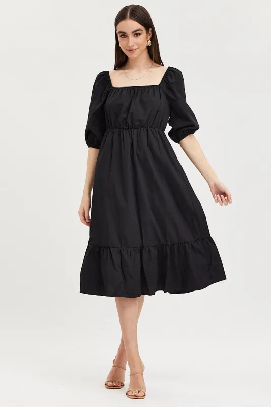 Black Midi Dress Short Sleeve Square Neck sold by Ally Fashion