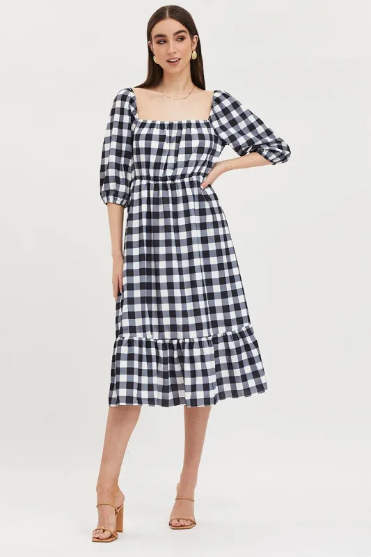 Check Midi Dress Puff Sleeve sold by Ally Fashion