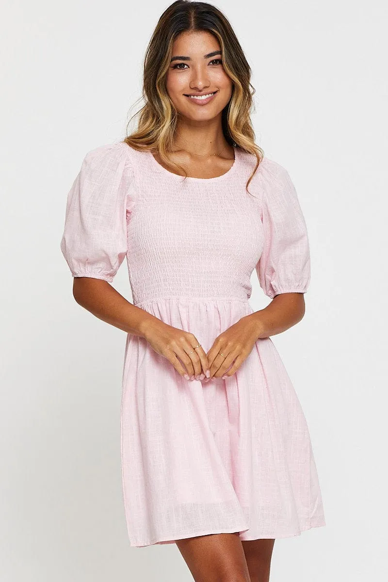 Pink Fit And Flare Dress Short Sleeve Round Neck sold by Ally Fashion