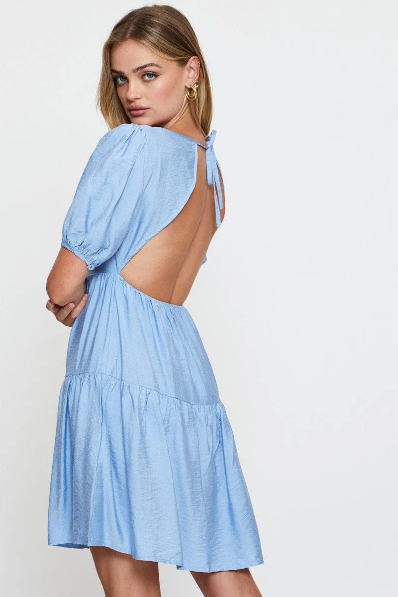 Blue Fit And Flare Dress Short Sleeve Open Back sold by Ally Fashion