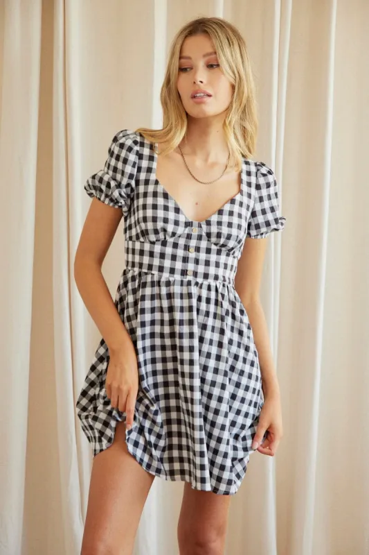 Check Mini Dress Short Sleeve Sweetheart Neckline sold by Ally Fashion