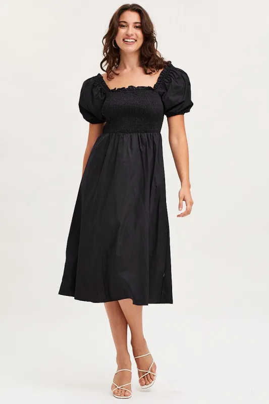 Black Midi Dress Short Sleeve Square Neck sold by Ally Fashion