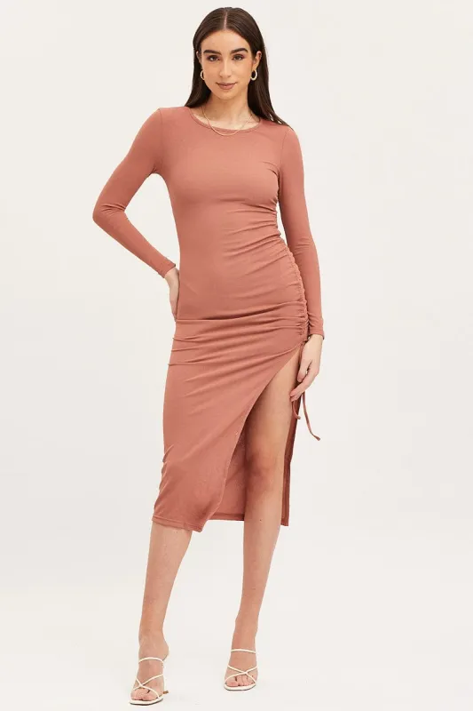 Brown Midi Dress Long Sleeve Bodycon sold by Ally Fashion