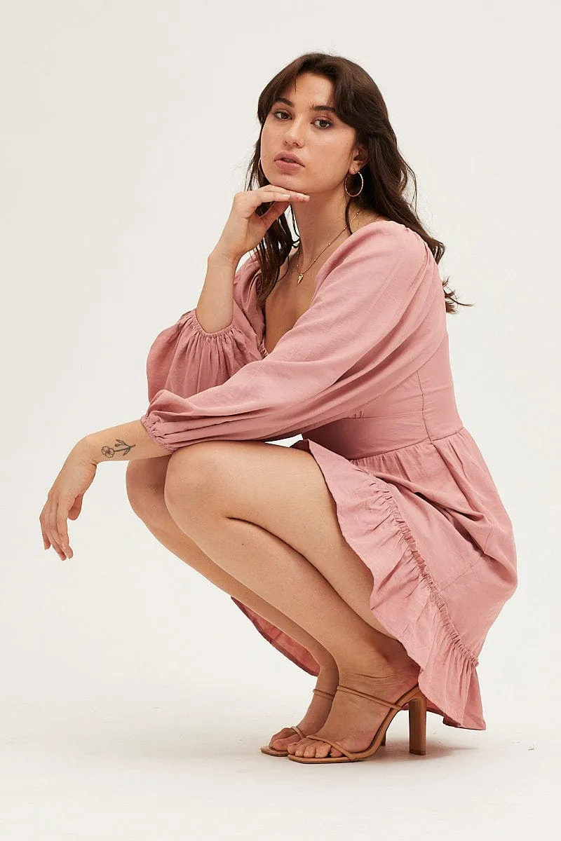 Pink Long Sleeve A-Line Mini Dress sold by Ally Fashion