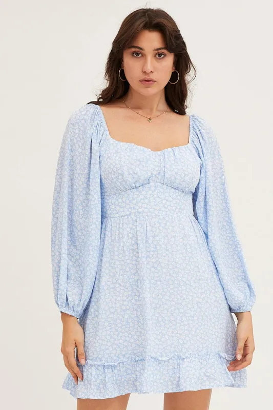 Daisy Print Long Sleeve A-Line Mini Dress sold by Ally Fashion