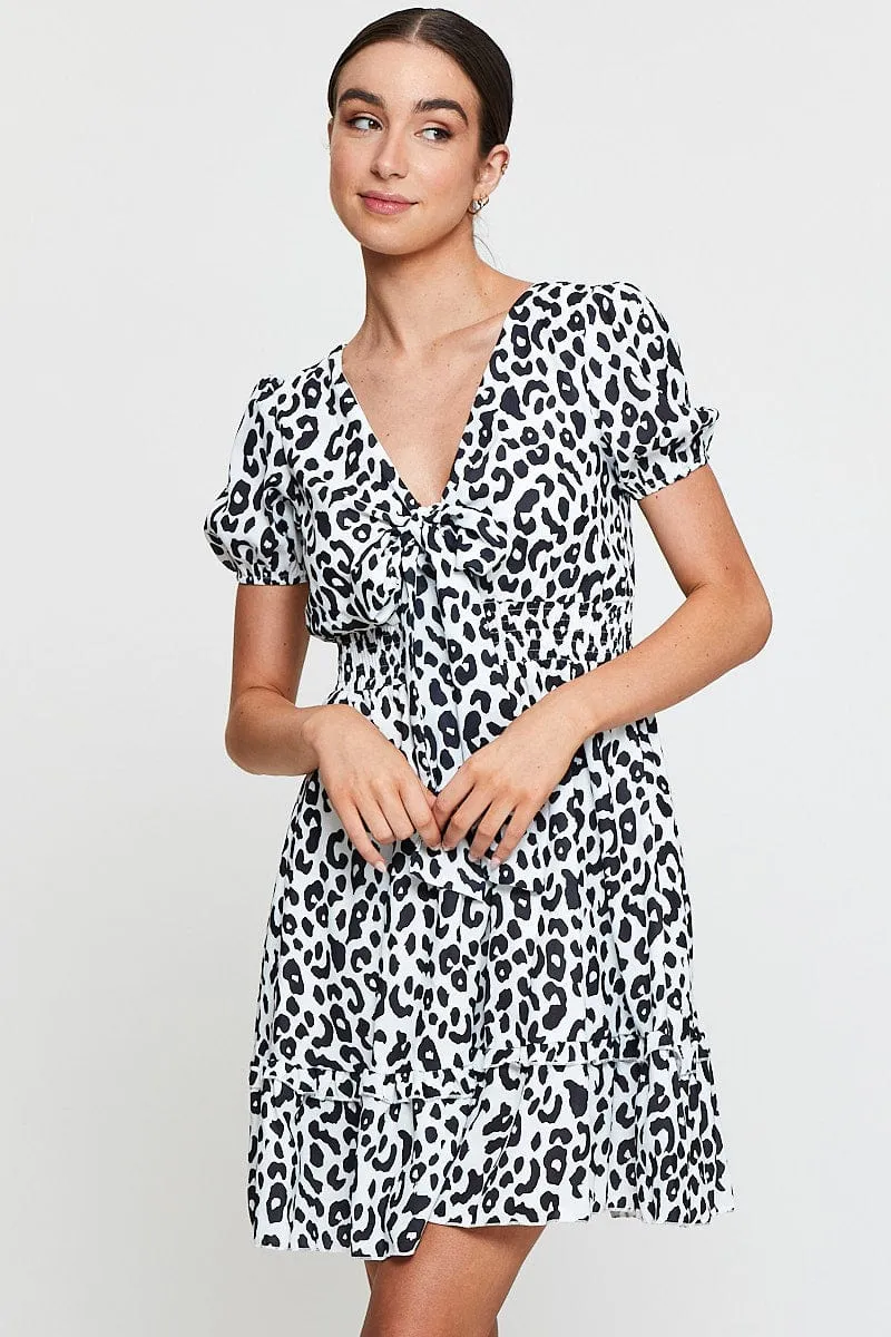 Geo Print Mini Dress Short Sleeve V Neck Tie sold by Ally Fashion