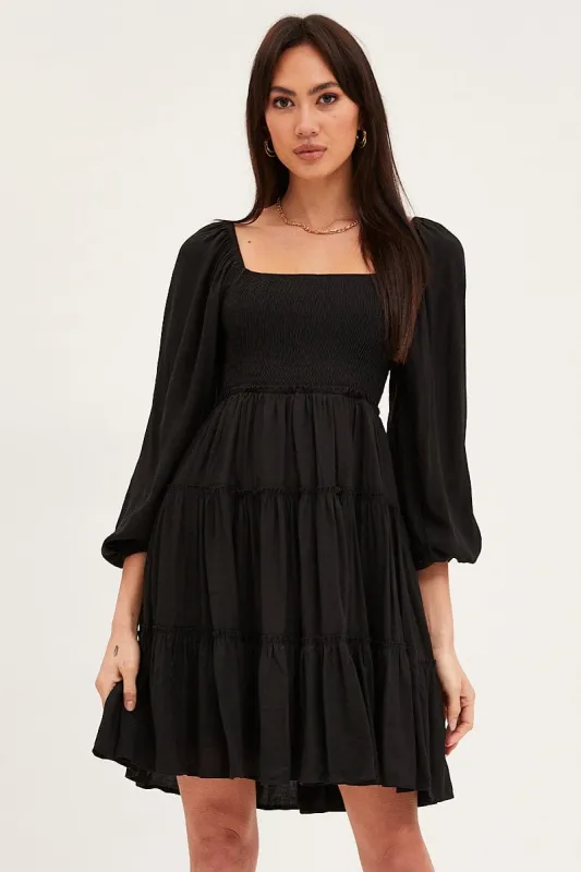 Black Fit And Flare Dress Long Sleeve Square Neck sold by Ally Fashion
