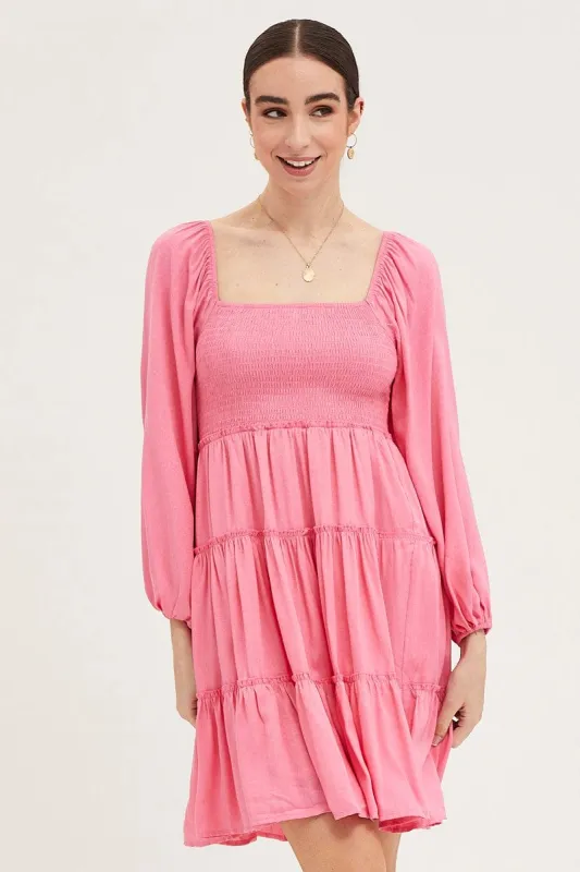 Pink Fit And Flare Dress Long Sleeve Square Neck sold by Ally Fashion