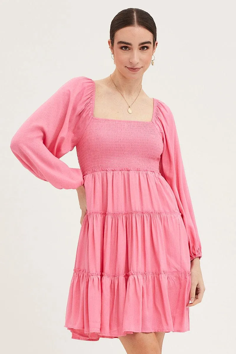 Pink Fit And Flare Dress Long Sleeve Square Neck sold by Ally Fashion product image thumbnail 3