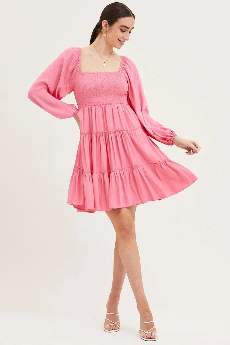 Pink Fit And Flare Dress Long Sleeve Square Neck sold by Ally Fashion product image thumbnail 2