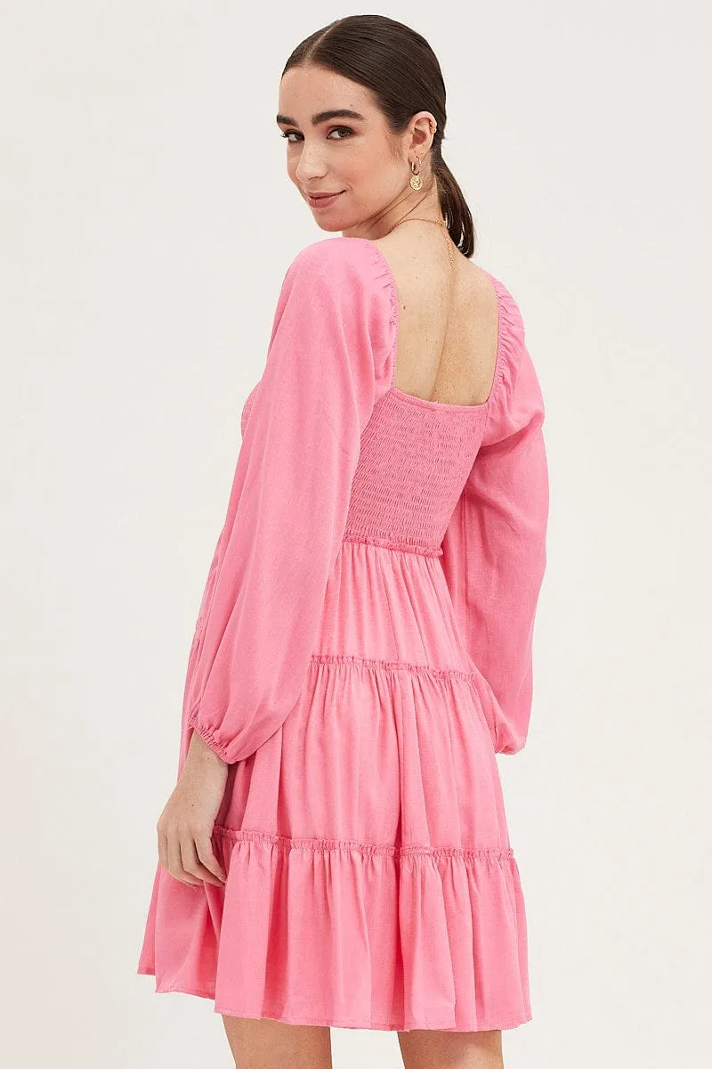Pink Fit And Flare Dress Long Sleeve Square Neck sold by Ally Fashion product image thumbnail 5