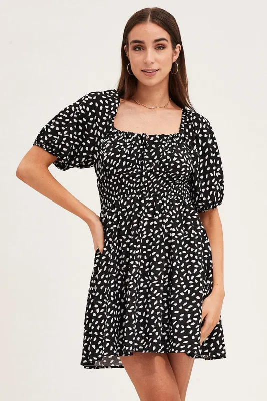 Print Puff Sleeve Skater Dress sold by Ally Fashion