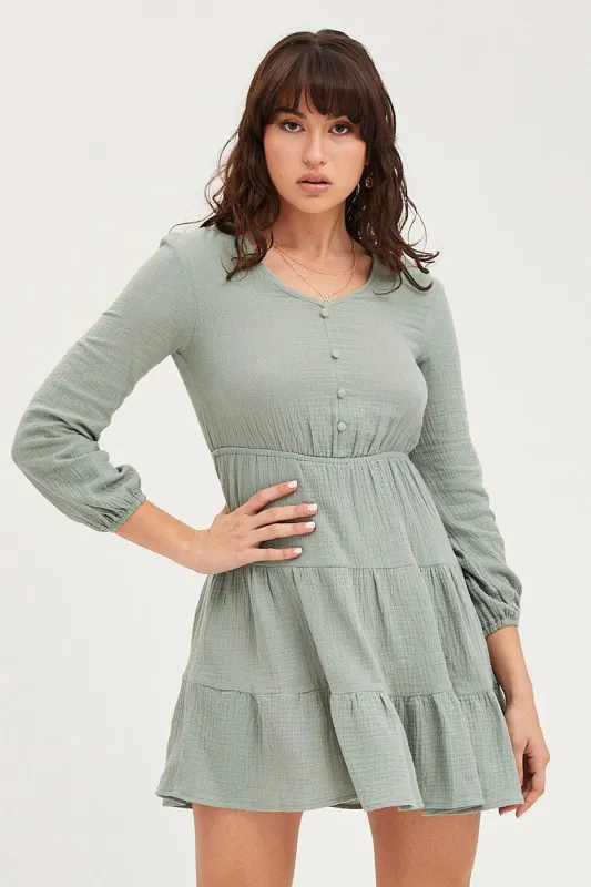 Green Skater Dress Long Sleeve Mini sold by Ally Fashion