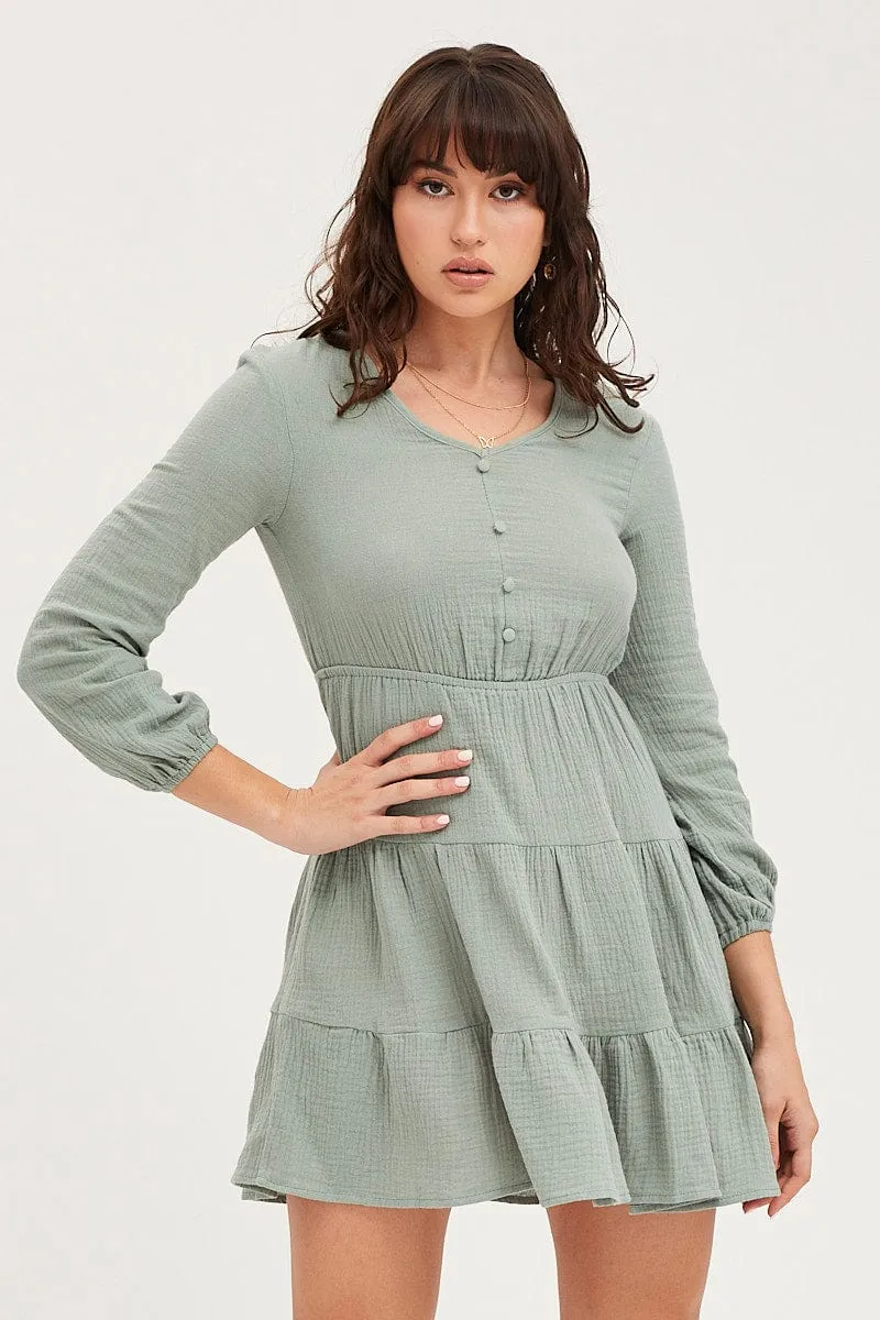 Green Skater Dress Long Sleeve Mini sold by Ally Fashion