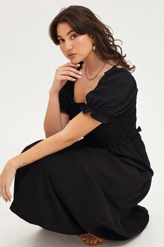 Black Shirred Dress Puff Sleeve Maxi sold by Ally Fashion