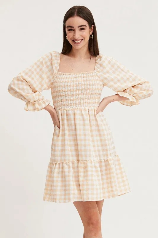 Check Skater Dress Puff Sleeve Mini sold by Ally Fashion