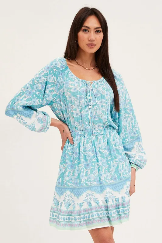 Boho Print Tie Waist Dress Long Sleeve Mini sold by Ally Fashion