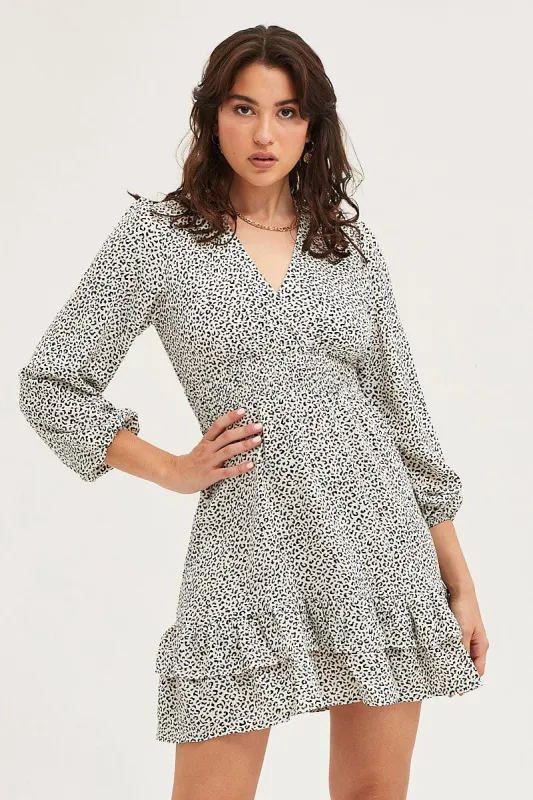 Geo Print Skater Dress Long Sleeve Mini Ruffle sold by Ally Fashion