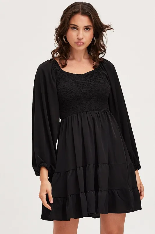Black Shirred Dress Long Sleeve Mini sold by Ally Fashion