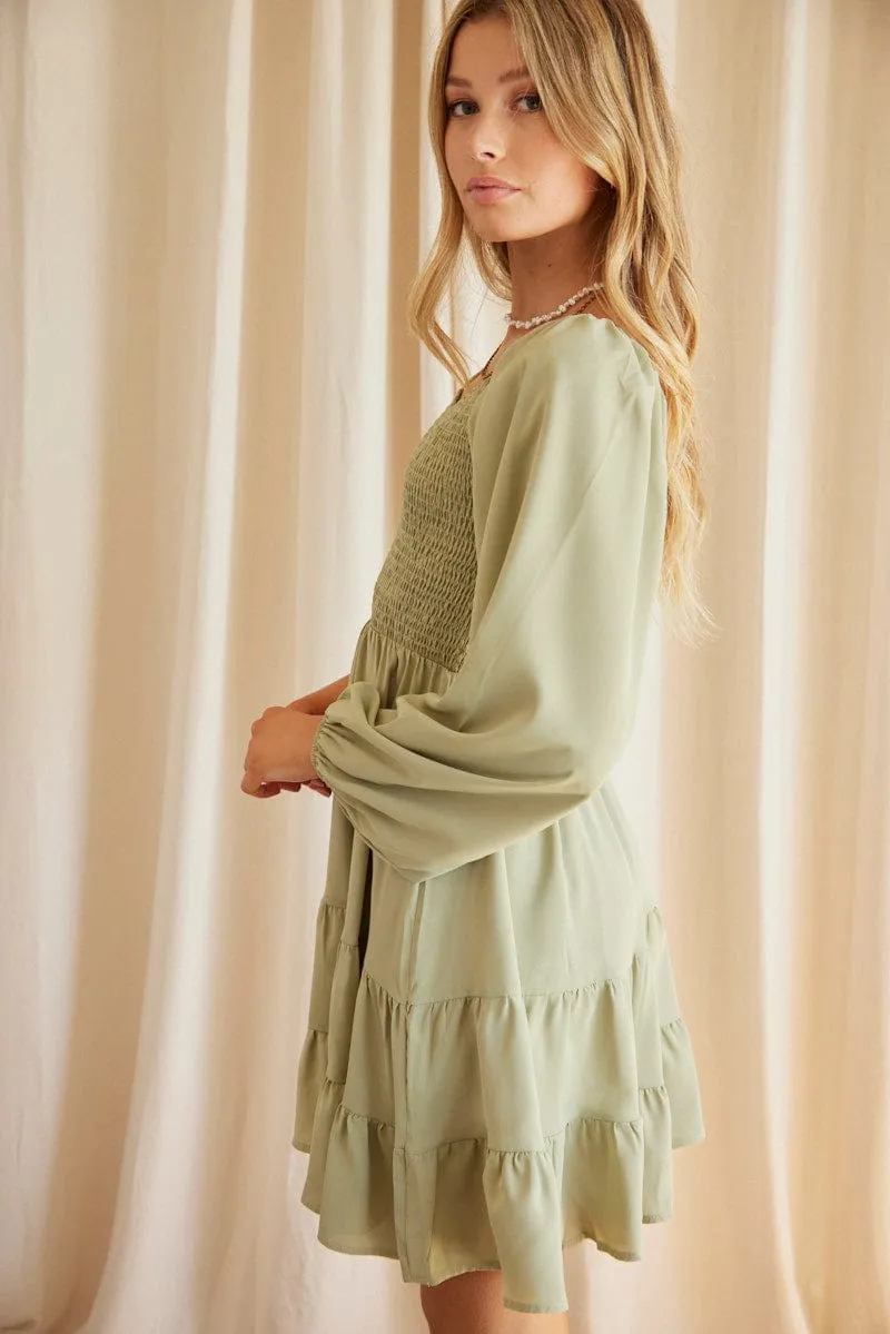 Green Shirred Dress Long Sleeve Mini sold by Ally Fashion product image thumbnail 4