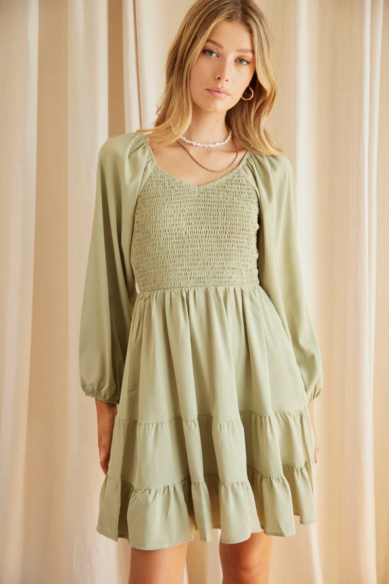Green Shirred Dress Long Sleeve Mini sold by Ally Fashion