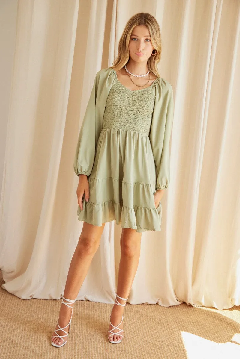 Green Shirred Dress Long Sleeve Mini sold by Ally Fashion product image thumbnail 2