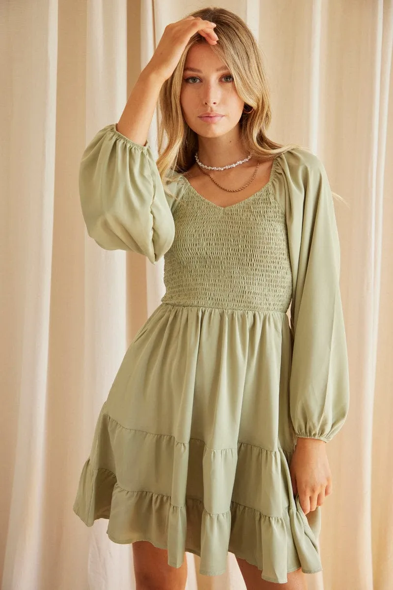 Green Shirred Dress Long Sleeve Mini sold by Ally Fashion product image thumbnail 3
