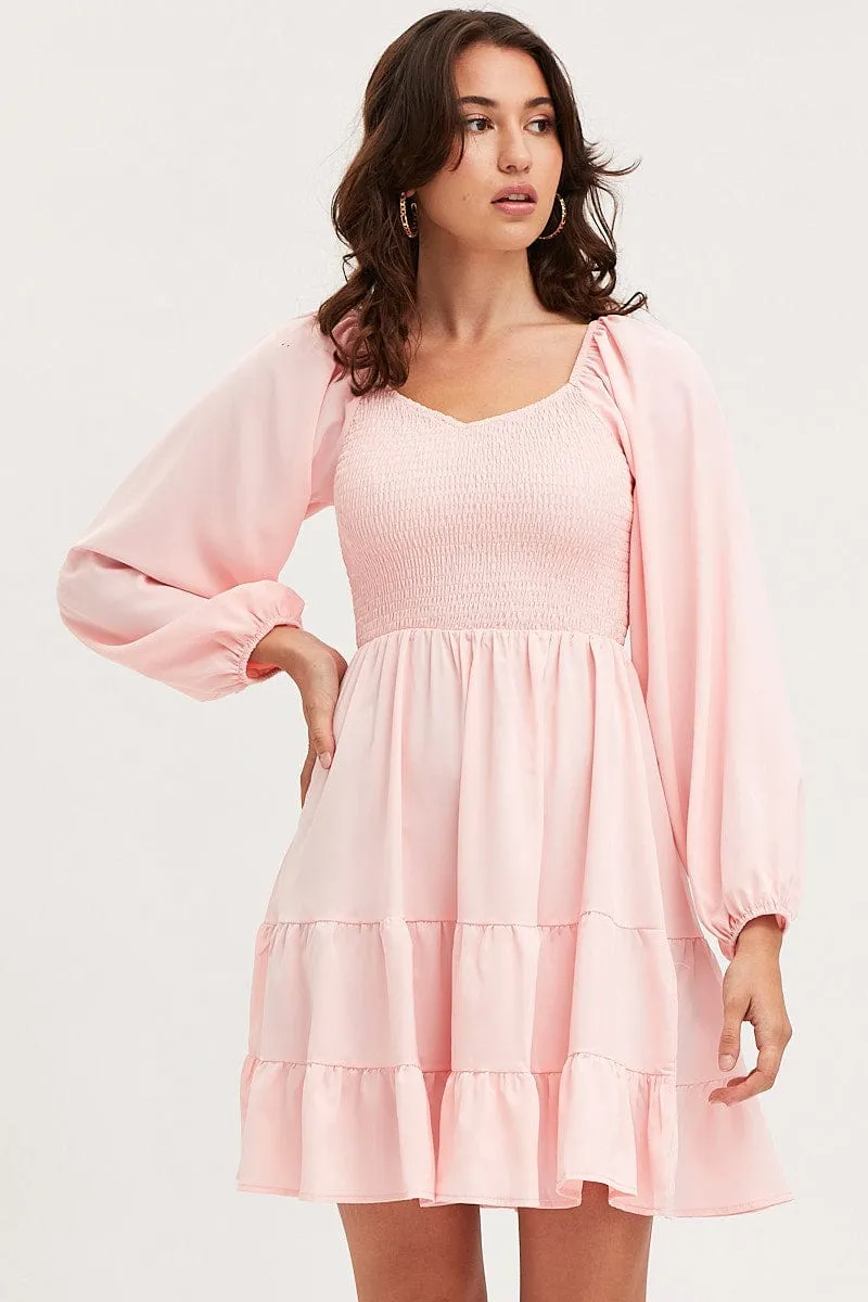 Pink Shirred Dress Long Sleeve Mini sold by Ally Fashion product image thumbnail 3