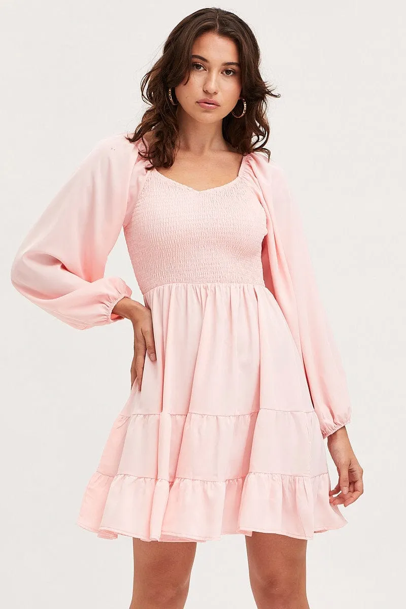 Pink Shirred Dress Long Sleeve Mini sold by Ally Fashion