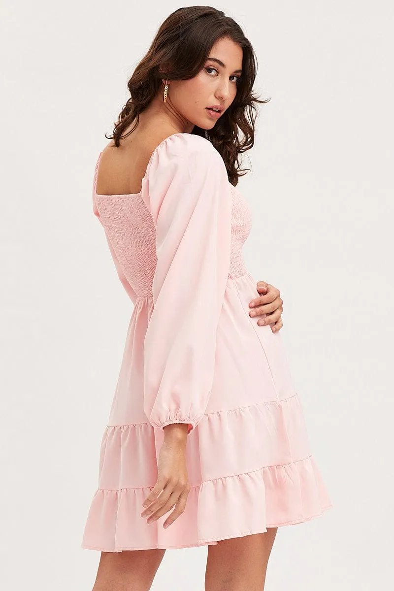 Pink Shirred Dress Long Sleeve Mini sold by Ally Fashion product image thumbnail 5