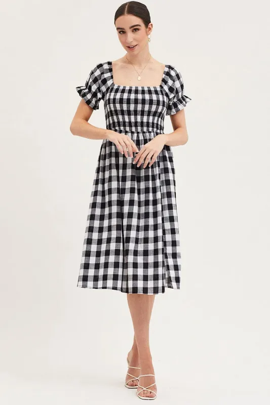 Check Shirred Dress Short Sleeve Midi sold by Ally Fashion