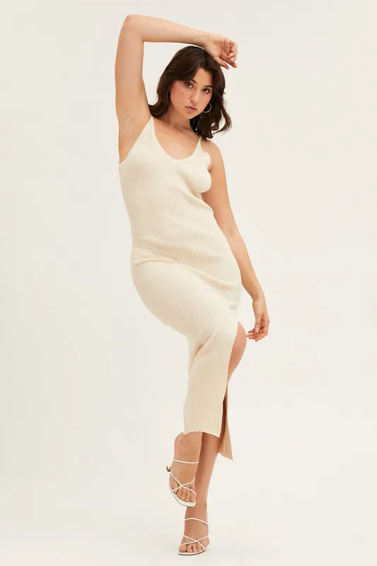 Beige V Neck Kint Midi Dress sold by Ally Fashion