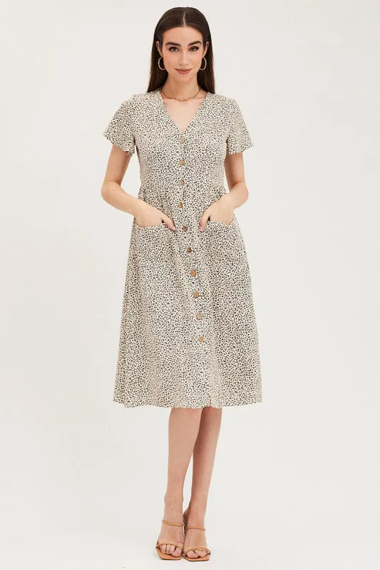 Geo Print Pocket Front Button Midi Dress sold by Ally Fashion