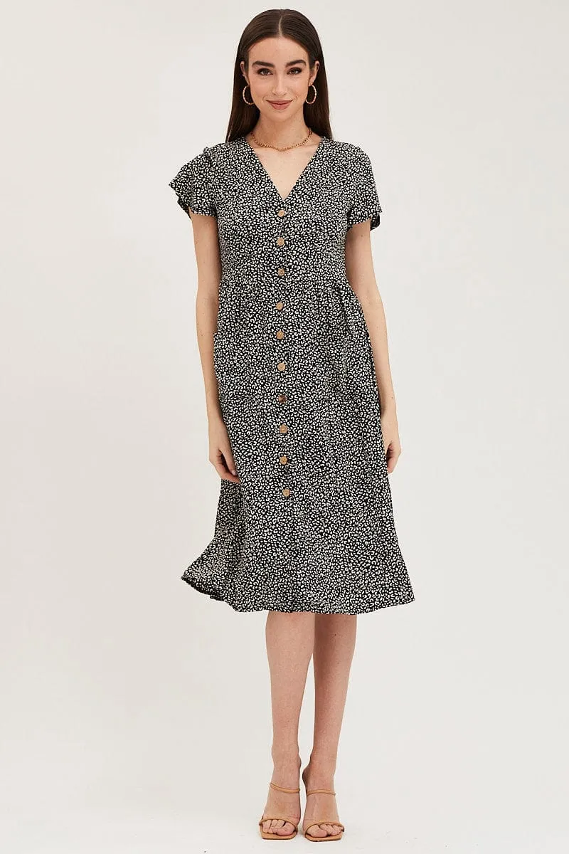 Geo Print Pocket Front Button Midi Dress sold by Ally Fashion