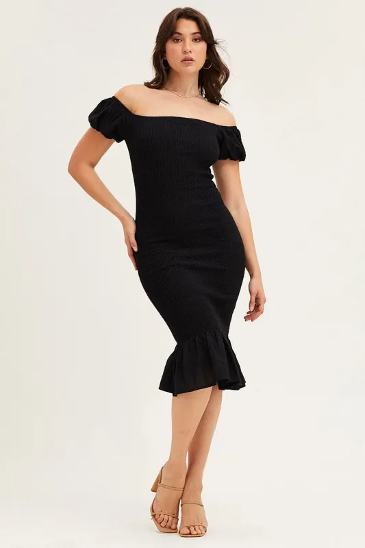 Black Shirred Midi Dress sold by Ally Fashion