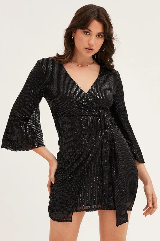 Black Sequin Ruffle Wrap Party Mini Dress sold by Ally Fashion