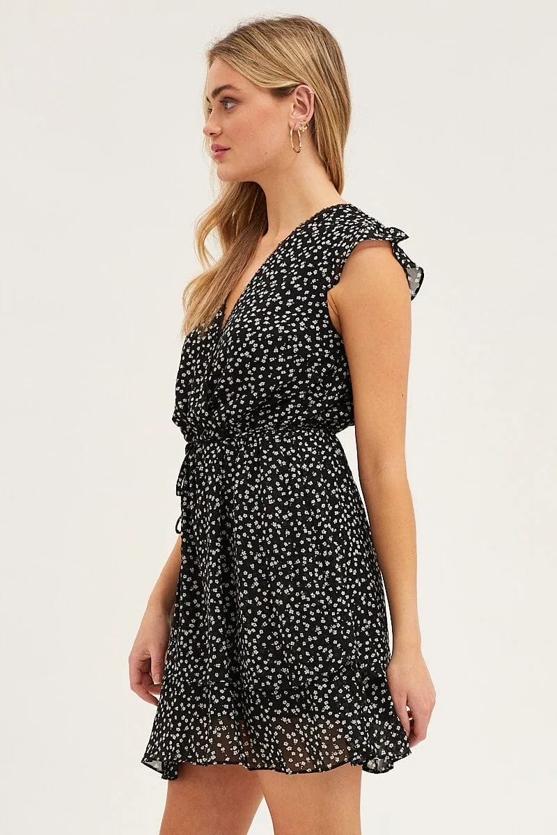 Ditsy Print Flutter Wrap Look Tie Waist Layered Dress sold by Ally Fashion product image thumbnail 3